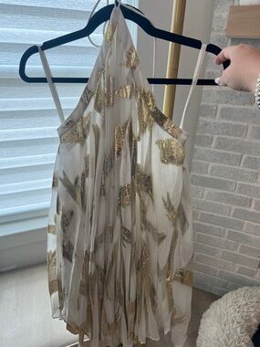 Anthropologie White Sheer Mini Dress with Gold Metallic Leaf Accents